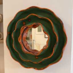 Wavy Green Ceramic Wall Mirror, Organic Entryway Flower Irregular Bathroom Decor, Handmade Vanity Earthy Home Gift - thumbnail 3