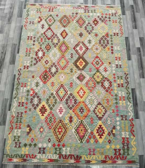 Handwoven Afghan Kilim Rug, Artisan Natural Wool Tribal Geometric Flatweave, Turkish Persian Navajo Bohemian Design, 303x204 cm - image 1