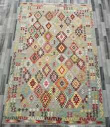 Handwoven Afghan Kilim Rug, Artisan Natural Wool Tribal Geometric Flatweave, Turkish Persian Navajo Bohemian Design, 303x204 cm - thumbnail 1