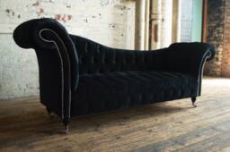3 Seater Black Velvet Chesterfield Chaise Lounge, Modern British Handmade
