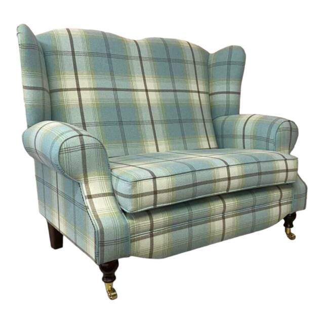 Wing Back Queen Anne Cottage 2 Seat Sofa -Balmoral Duck Egg Blue Tartan Fabric - image 1