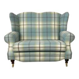 Wing Back Queen Anne Cottage 2 Seat Sofa -Balmoral Duck Egg Blue Tartan Fabric - thumbnail 2