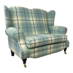 Wing Back Queen Anne Cottage 2 Seat Sofa -Balmoral Duck Egg Blue Tartan Fabric