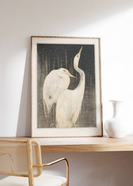 Minimalist Two White Egrets Print, Theo Van Hoytema Art, Japanese Inspired Birds Illustration Poster, Lithograph in Black, Bird Study - image 1