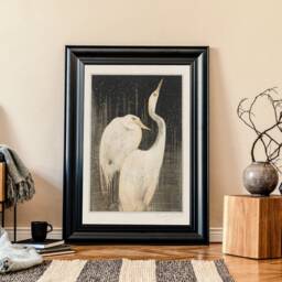 Minimalist Two White Egrets Print, Theo Van Hoytema Art, Japanese Inspired Birds Illustration Poster, Lithograph in Black, Bird Study - thumbnail 2
