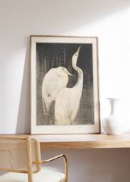 Minimalist Two White Egrets Print, Theo Van Hoytema Art, Japanese Inspired Birds Illustration Poster, Lithograph in Black, Bird Study - thumbnail 1