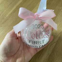 Personalised Filled Bauble - First Christmas Name Baby Gift 2025 Feather Snow - thumbnail 4