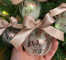 Personalised Filled Bauble - First Christmas Name Baby Gift 2025 Feather Snow - thumbnail 1
