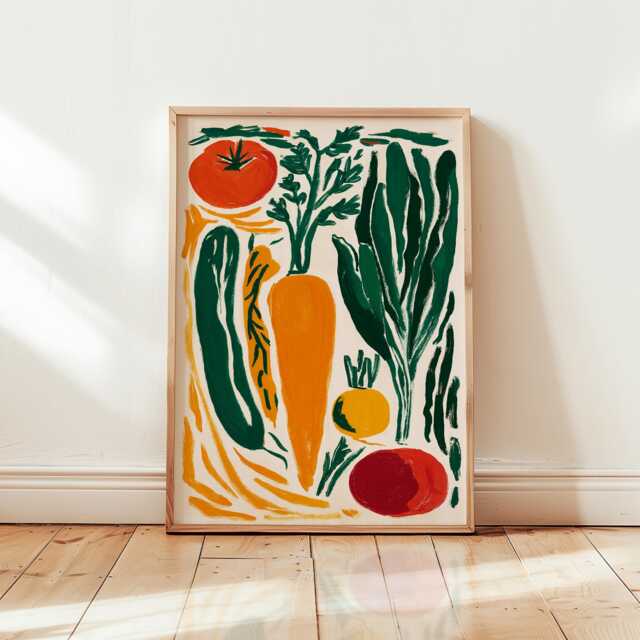 Garden Vegetable Art Print - Retro Linocut Kitchen Wall Minimalist Tomato & Squash Illustration - image 1