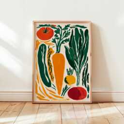 Garden Vegetable Art Print - Retro Linocut Kitchen Wall Minimalist Tomato & Squash Illustration - thumbnail 1