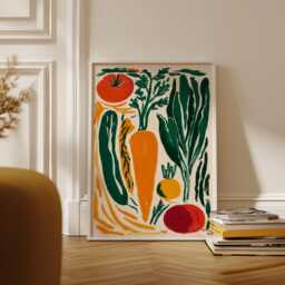 Garden Vegetable Art Print - Retro Linocut Kitchen Wall Minimalist Tomato & Squash Illustration - thumbnail 2