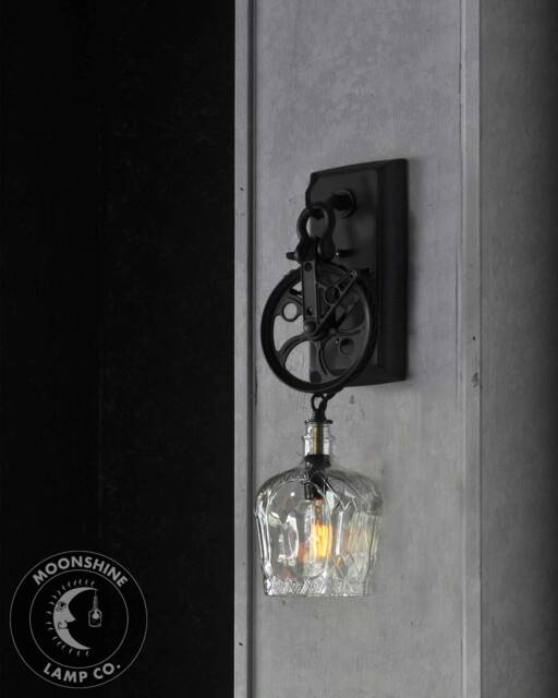 Industrial Pulley Wheel Wall Sconce With Recycled Crown Royal Glass Bottle Lamp Shade & Vintage Style Edison Bulb - image 1