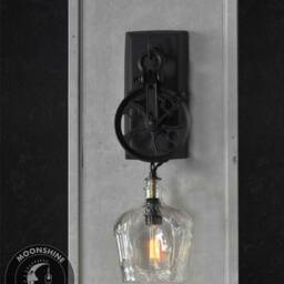 Industrial Pulley Wheel Wall Sconce With Recycled Crown Royal Glass Bottle Lamp Shade & Vintage Style Edison Bulb - thumbnail 2