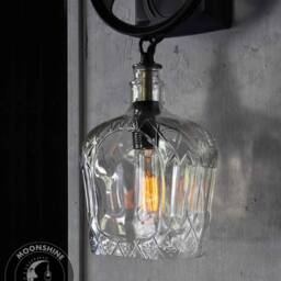 Industrial Pulley Wheel Wall Sconce With Recycled Crown Royal Glass Bottle Lamp Shade & Vintage Style Edison Bulb - thumbnail 3