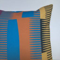 Square Combed Stripe Cushion - Terracotta , Blue + Yellow - thumbnail 3