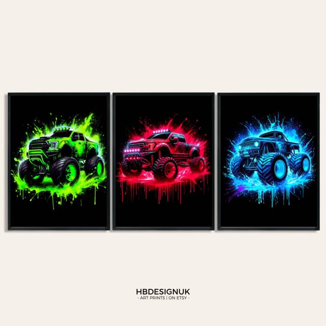 Neon Monster Truck Print Set - Kids Bedroom Artwork - Of 3 Posters Car Wall Art Boys Room Home Decor Boy Trucks Picture Poster - image 1