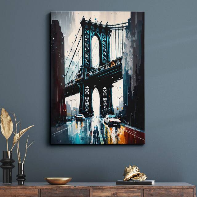 New York Manhattan Bridge Abstract Modern Painting Dark Blue America Wall Art, Framed Canvas Poster Print, Home/Office Room Decor, Gifts - image 1