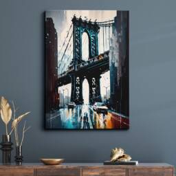 New York Manhattan Bridge Abstract Modern Painting Dark Blue America Wall Art, Framed Canvas Poster Print, Home/Office Room Decor, Gifts - thumbnail 1