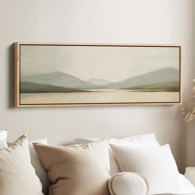 Narrow Horizontal Landscape Wall Art Sage Cream Panoramic Canvas Print For Bedroom Living Room Above Bed - image 1