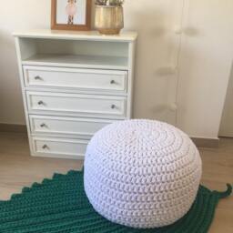 Chunky Crochet Pouf Ottoman, Pearl White Round Footstool, Eco Cotton, Neutral Scandinavian Decor - thumbnail 3