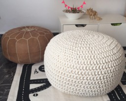 Chunky Crochet Pouf Ottoman, Pearl White Round Footstool, Eco Cotton, Neutral Scandinavian Decor