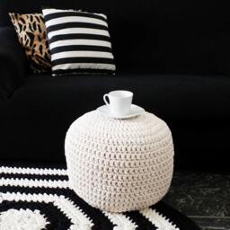 Chunky Crochet Pouf Ottoman, Pearl White Round Footstool, Eco Cotton, Neutral Scandinavian Decor - thumbnail 2