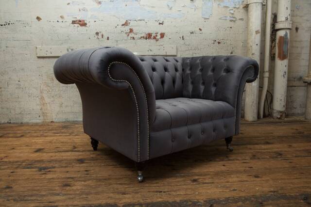 British Handmade Grey Velvet Fabric Chesterfield Snuggle Chair, Armchair - image 1