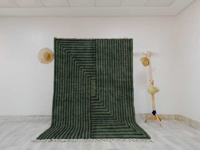 Modern Moroccan Wool Rug - Handwoven Green & Black Geometric Design - Berber Carpet Minimalist Area - image 1