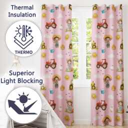 Cute Farm Tractor Farmer Duck Sun Clouds Pink Seamless Pattern Readymade Eyelet Ring Top Thermal 100% Blackout Curtains - thumbnail 3
