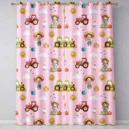Cute Farm Tractor Farmer Duck Sun Clouds Pink Seamless Pattern Readymade Eyelet Ring Top Thermal 100% Blackout Curtains - thumbnail 2