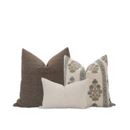 Brown & Blue Pillow Cover Set Block Print Farmhouse Throw Floral Gingham - thumbnail 1