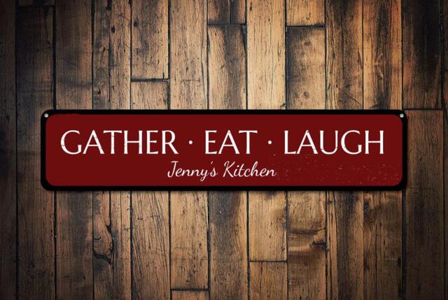 Gather Eat Laugh Sign, Kitchen Decor, Personalized Custom Name Room Wall Decor - Quality Aluminum Metal - image 1