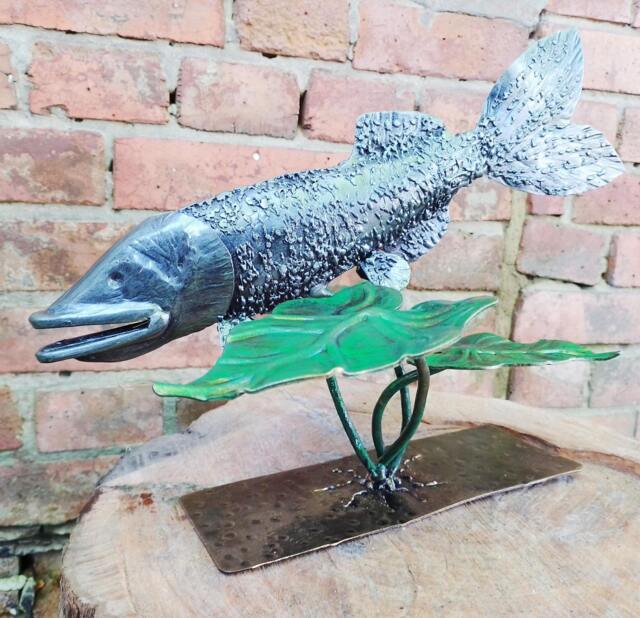 Hand Forged Metal Pike Sculpture - Wrought Iron Fish in Seaweed - Silver & Green Home - image 1