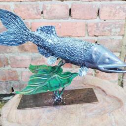 Hand Forged Metal Pike Sculpture - Wrought Iron Fish in Seaweed - Silver & Green Home - thumbnail 2