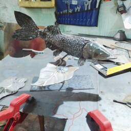 Hand Forged Metal Pike Sculpture - Wrought Iron Fish in Seaweed - Silver & Green Home - thumbnail 4