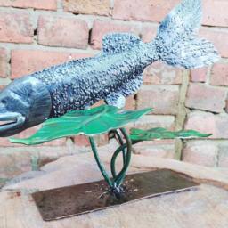 Hand Forged Metal Pike Sculpture - Wrought Iron Fish in Seaweed - Silver & Green Home - thumbnail 3