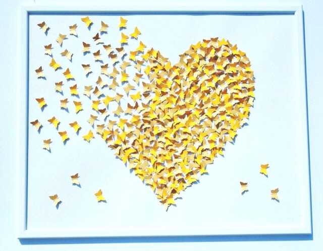 Handmade 3D Paper Art, White & Yellow Butterfly Heart, Framed Wall Decor - image 1