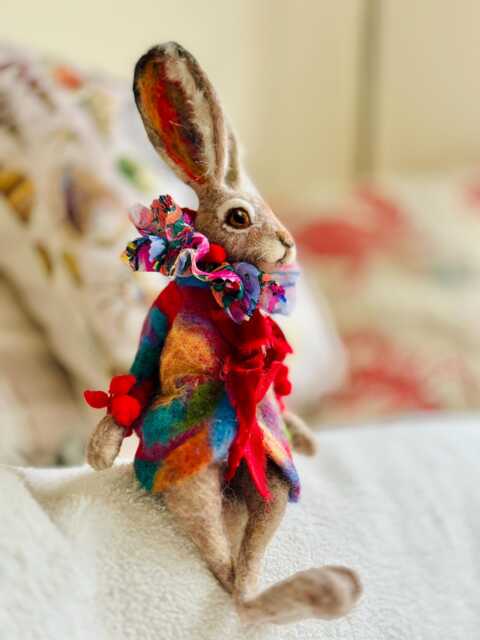 Whimsical Dressed Rabbit Sculpture - Needle Felted Hare Doll, Collectible Art Handmade Mixed Media Animal Gift - image 1
