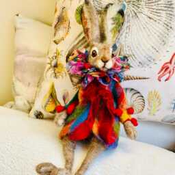 Whimsical Dressed Rabbit Sculpture - Needle Felted Hare Doll, Collectible Art Handmade Mixed Media Animal Gift - thumbnail 4