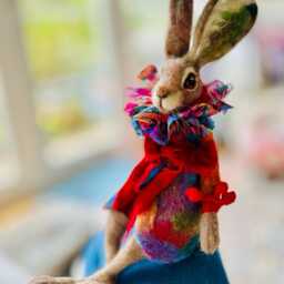 Whimsical Dressed Rabbit Sculpture - Needle Felted Hare Doll, Collectible Art Handmade Mixed Media Animal Gift - thumbnail 2