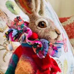 Whimsical Dressed Rabbit Sculpture - Needle Felted Hare Doll, Collectible Art Handmade Mixed Media Animal Gift - thumbnail 3