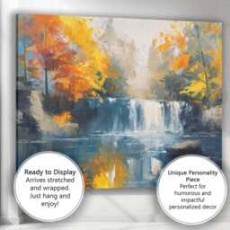 Golden Autumn Waterfall Forest Landscape Painting Canvas Wall Art Print Decor Picture Ready To Hang - thumbnail 3
