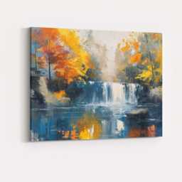 Golden Autumn Waterfall Forest Landscape Painting Canvas Wall Art Print Decor Picture Ready To Hang - thumbnail 4