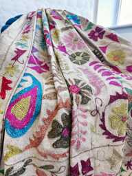 Wool Embroidery Suzani Vintage Handmade Elegant Sofa Bed Throw - Quirky Colours Summer Spring Beige Hues Taupe Pink Floral