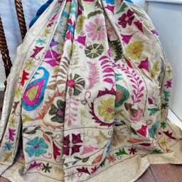 Wool Embroidery Suzani Vintage Handmade Elegant Sofa Bed Throw - Quirky Colours Summer Spring Beige Hues Taupe Pink Floral - thumbnail 2