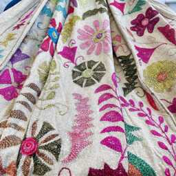 Wool Embroidery Suzani Vintage Handmade Elegant Sofa Bed Throw - Quirky Colours Summer Spring Beige Hues Taupe Pink Floral - thumbnail 3
