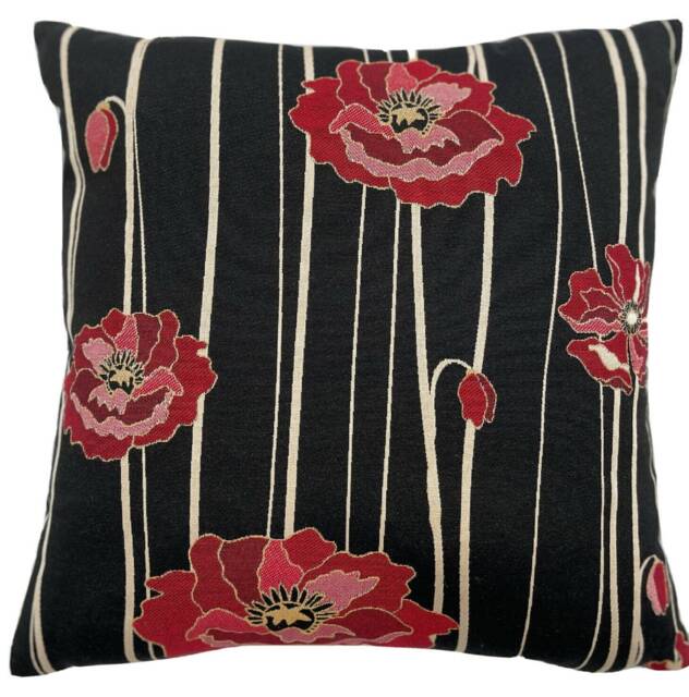 Red Poppy Throw Pillow Cover Black Velvet, Woven Floral Cushion - image 1