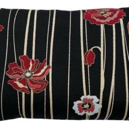 Red Poppy Throw Pillow Cover Black Velvet, Woven Floral Cushion - thumbnail 3