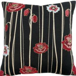 Red Poppy Throw Pillow Cover Black Velvet, Woven Floral Cushion - thumbnail 2
