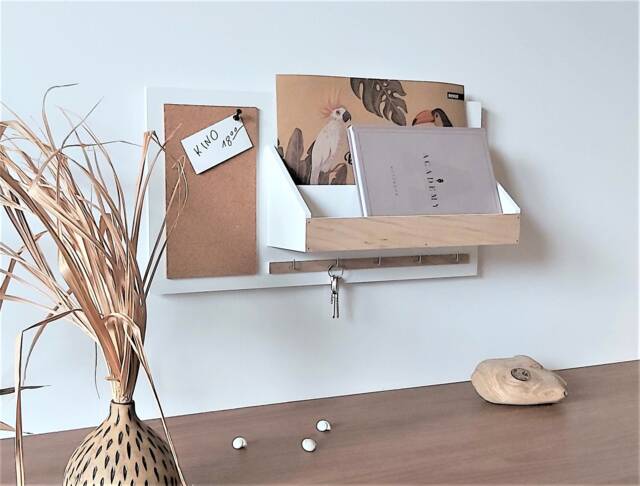 Wall Organizer White Wood, Oak Veneer, Cork Board & Key Hooks - image 1